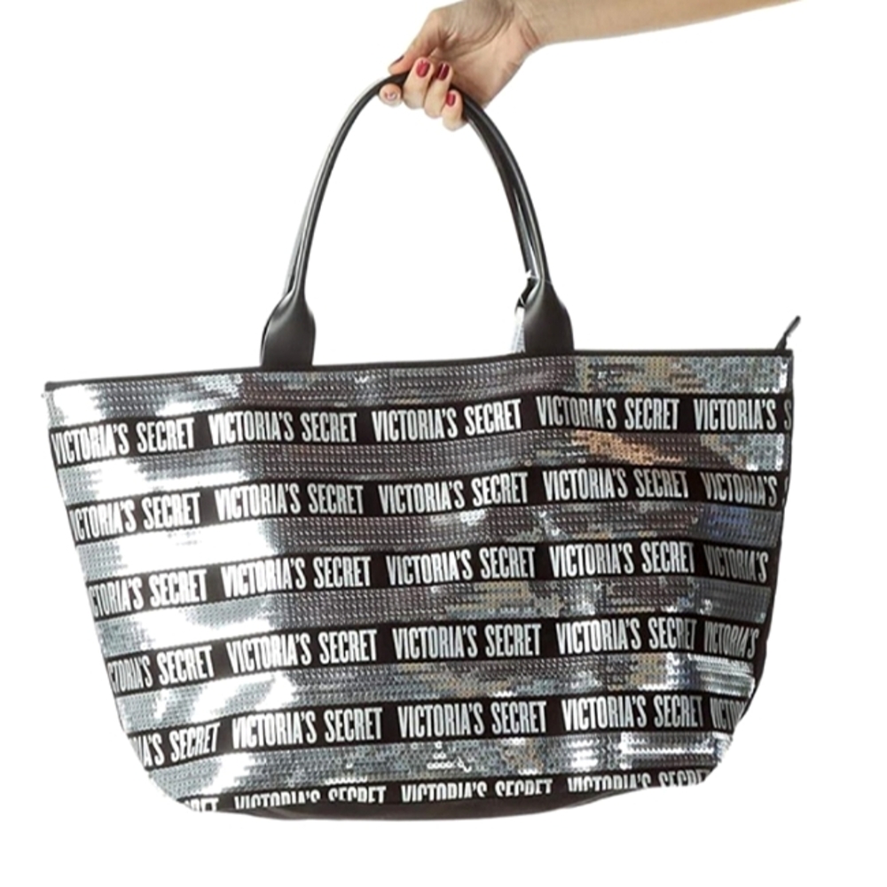 Victoria's Secret Silver Sequin Striped Weekender Tote Bag